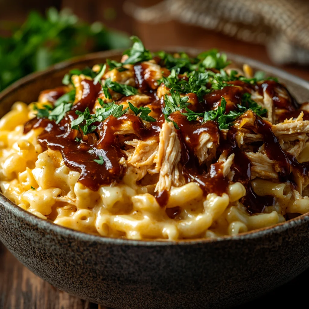Comfort Food Twist – BBQ Pulled Chicken Macaroni and Cheese with a drizzle of BBQ sauce and smoky pulled chicken.