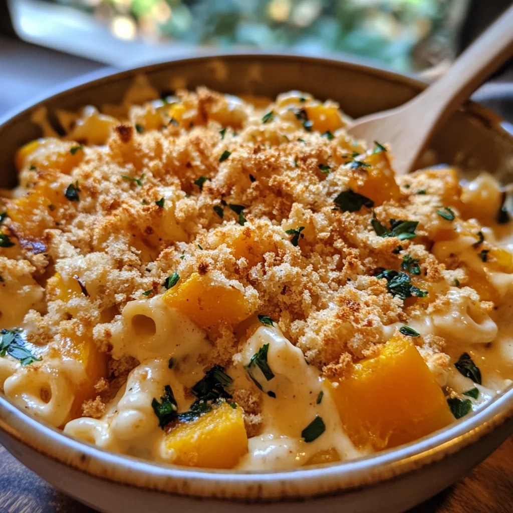 Comfort Food Twist – A close-up shot of Butternut Squash Mac ‘n’ Cheese with gooey cheese sauce and golden roasted squash.