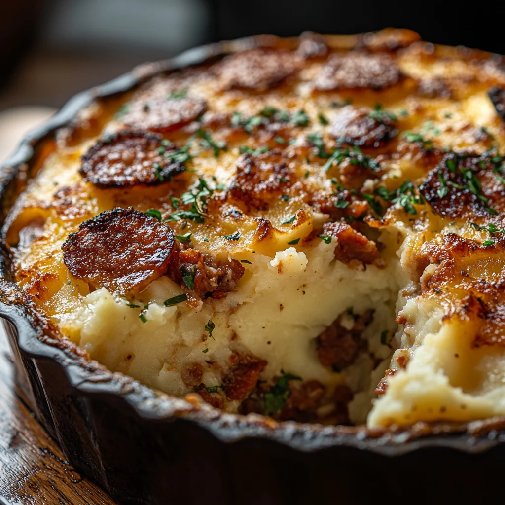 Comfort Food Twist – Spicy Chorizo and Potato Shepherd’s Pie with a crispy golden top and rich filling.