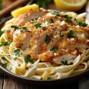 Crispy chicken breast slices on creamy fettuccine Alfredo pasta, garnished with fresh parsley and lemon slices